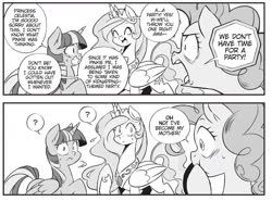 Size: 1835x1360 | Tagged: safe, seven seas, pinkie pie, princess celestia, twilight sparkle, alicorn, pony, g4, my little pony: the manga, my little pony: the manga volume 2, cropped, female, mare, monochrome, twilight sparkle (alicorn)