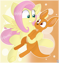 Size: 2182x2331 | Tagged: safe, artist:rainbow eevee, fluttershy, kangaroo, pegasus, pony, g4, animal, cute, duo, female, grin, high res, holding, looking down, mare, shyabetes, simple background, smiling, spread wings, underhoof, wings