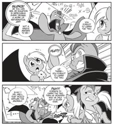 Size: 1845x2025 | Tagged: safe, seven seas, derpy hooves, doctor whooves, professor what, time turner, earth pony, pony, g4, my little pony: the manga, my little pony: the manga volume 2, cropped, fail, female, food, male, mare, math, monochrome, muffin, stallion, the master