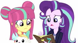 Size: 796x440 | Tagged: safe, artist:sarahalen, angel bunny, sour sweet, starlight glimmer, rabbit, equestria girls, g4, alternate hairstyle, alternate universe, animal, book, clothes, cute, duo, duo female, eyeshadow, female, freckles, glimmerbetes, jacket, jewelry, journal, makeup, necklace, shirt, talking