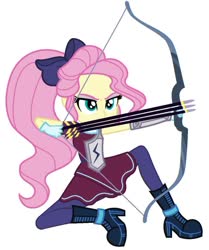 Size: 818x977 | Tagged: safe, artist:sarahalen, fluttershy, equestria girls, g4, my little pony equestria girls: friendship games, alternate hairstyle, alternate universe, archery, arrow, badass, boots, bow, bow (weapon), bracelet, clothes, confident, crystal prep shadowbolts, female, flutterbadass, gloves, hair bow, jewelry, pants, shoes, simple background, solo, white background