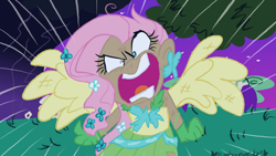 Size: 800x450 | Tagged: safe, artist:mirabuncupcakes15, fluttershy, human, g4, the best night ever, angry, bush, clothes, cute, dark skin, dress, female, flutterrage, gala dress, gloves, humanized, night, open mouth, scene interpretation, shyabetes, skirt, solo, tree, winged humanization, wings, you're going to love me