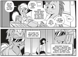 Size: 1825x1335 | Tagged: safe, seven seas, derpy hooves, doctor whooves, star dancer, time turner, earth pony, pegasus, pony, g4, my little pony: the manga, my little pony: the manga volume 2, cropped, female, male, mare, monochrome, stallion
