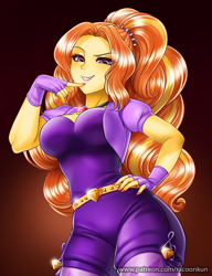 Size: 800x1042 | Tagged: safe, artist:racoonsan, color edit, edit, editor:drakeyc, adagio dazzle, equestria girls, g4, breasts, busty adagio dazzle, cleavage, clothes, colored, confident, curvy, female, fingerless gloves, gem, gloves, hand on hip, hips, hourglass figure, jewelry, looking at you, looking down, necklace, raised eyebrow, sexy, siren gem, skin color edit, smiling, smug, smugio dazzle, solo, stupid sexy adagio dazzle