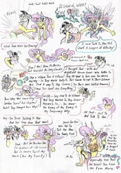 Size: 1024x1451 | Tagged: safe, artist:grimmyweirdy, cosmos, discord, fluttershy, grogar, draconequus, comic:cosmic cosmos, g4, bouquet, draconequified, fetish, flower, flutterequus, sock puppet, species swap, speech bubble, yay