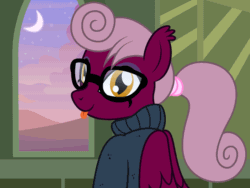 Size: 1250x938 | Tagged: safe, artist:badumsquish, derpibooru exclusive, the sphinx, sphinx, g4, :p, alternate hairstyle, animated, clothes, crescent moon, dork, eye shimmer, female, folded wings, glasses, looking at you, looking back, looking back at you, meganekko, missing accessory, moon, nerd, ponytail, pun, raspberry, rear view, show accurate, slit pupils, smiling, solo, sunset, sweater, tongue out, turtleneck, visual pun, window, wings