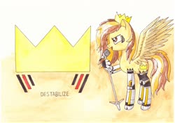 Size: 1280x906 | Tagged: safe, artist:zocidem, oc, oc only, oc:prince whateverer, cyborg, pegasus, pony, augmented, crown, destabilize, drawing, jewelry, microphone, regalia, solo, technology, traditional art