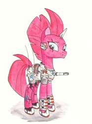 Size: 1280x1720 | Tagged: safe, artist:zocidem, tempest shadow, cyborg, pony, unicorn, g4, armor, augmented, drawing, female, scar, solo, technology, traditional art, visor, weapon