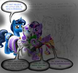 Size: 2466x2311 | Tagged: safe, artist:jac59col, night light, princess cadance, shining armor, spike, twilight sparkle, twilight velvet, alicorn, pony, g4, clothes, comic, coronation dress, crying, dress, high res, incomplete, liquid pride, partial color, tears of joy, twilight sparkle (alicorn), wip