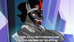 Size: 1280x720 | Tagged: safe, edit, edited screencap, screencap, king sombra, pony, unicorn, g4, the beginning of the end, caption, crown, curved horn, horn, image macro, jewelry, male, meme, red eyes, regalia, stallion, text