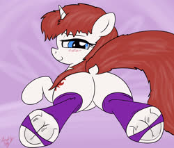 Size: 4000x3400 | Tagged: safe, artist:littlenaughtypony, oc, oc only, oc:amber reverie, pony, unicorn, blushing, clothes, dock, female, fetish, frog (hoof), hoof fetish, looking at you, looking back, solo, stirrup stockings, stockings, thigh highs, underhoof