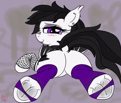 Size: 4000x3400 | Tagged: safe, artist:littlenaughtypony, oc, oc only, oc:ebony inks, bat pony, pony, blushing, clothes, dock, female, fetish, frog (hoof), hoof fetish, looking at you, looking back, solo, stirrup stockings, stockings, thigh highs, underhoof