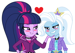 Size: 1424x1004 | Tagged: safe, alternate version, artist:sarahalen, artist:themexicanpunisher, edit, trixie, twilight sparkle, equestria girls, g4, alternate hairstyle, alternate universe, bedroom eyes, belt, blushing, choker, clothes, female, gem, jacket, leather jacket, lesbian, looking at each other, pants, ship:twixie, shipping, shirt, simple background, siren gem, spiked choker, spiked wristband, t-shirt, white background, wristband