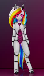 Size: 1575x2677 | Tagged: safe, artist:chrystal2288, artist:chrystal_company, oc, oc only, oc:darky-bot, pegasus, pony, robot, robot pony, semi-anthro, arm hooves, female, full body, glowing eyes, looking at you, multicolored hair, neon, pink background