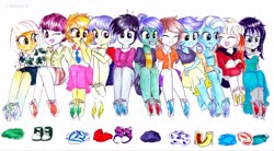 Size: 3756x2069 | Tagged: safe, artist:liaaqila, oc, oc only, oc:akemi (ice1517), oc:lightning skies, oc:mako miso, oc:miami edge, oc:nightlight shine, oc:prism marine, oc:rainy skies (ice1517), oc:solar shine (ice1517), oc:sushi platter, oc:sweet banana, oc:thundersky (ice1517), icey-verse, equestria girls, g4, barefoot, boots, clothes, commission, converse, discarded clothing, dress, equestria girls-ified, eyes closed, feather, feet, female, fetish, foot fetish, hawaiian shirt, heterochromia, high heels, high res, hoodie, jacket, laughing, leather jacket, magical gay spawn, necktie, nonbinary, offspring, one eye closed, open mouth, parent:open skies, parent:thunderlane, parents:thunderskies, shirt, shoes, shorts, siblings, simple background, sisters, sitting, skirt, sleeveless, socks, soles, striped socks, sweater, t-shirt, tickle fetish, tickle torture, tickling, traditional art, twins, unamused, white background, wink