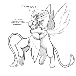 Size: 1280x1280 | Tagged: safe, artist:captainhoers, gilda, oc, oc:rainbow feather, griffon, hippogriff, g4, female, grayscale, hug, interspecies offspring, magical lesbian spawn, monochrome, mother and child, mother and daughter, offspring, parent:gilda, parent:rainbow dash, parents:gildash, simple background, white background