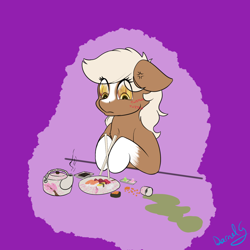 Size: 1500x1500 | Tagged: safe, artist:darnelg, earth pony, pony, chopsticks, earth pony problems, epona, epony, eye twitch, fire in her eyes, food, horse problems, meat, messy, ponies eating meat, ponies eating seafood, rage, seafood, solo, sushi, the legend of zelda