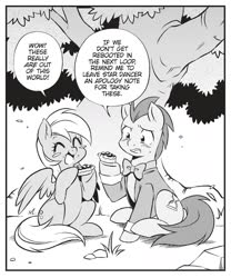 Size: 1270x1525 | Tagged: safe, seven seas, derpy hooves, doctor whooves, time turner, earth pony, pegasus, pony, g4, my little pony: the manga, my little pony: the manga volume 2, clothes, cropped, female, male, mare, monochrome, stallion, tree