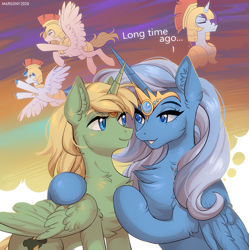 Size: 1197x1200 | Tagged: safe, artist:margony, trixie, oc, oc only, oc:mark wells, alicorn, pegasus, pony, unicorn, fanfic:off the mark, alicorn oc, alicornified, armor, blue coat, blue eyes, chest fluff, crown, duo, ear fluff, eye contact, fanfic art, green coat, horn, jewelry, looking at each other, markxie, open mouth, race swap, regalia, trixiecorn, wings, yellow mane