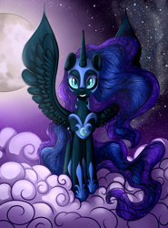 Size: 2335x3163 | Tagged: safe, artist:vird-gi, edit, editor:childofthenight, nightmare moon, alicorn, pony, g4, beautiful, cloud, female, high res, looking at you, mare, moon, night, smiling, solo, spread wings, wings