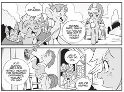 Size: 1810x1345 | Tagged: safe, seven seas, applejack, derpy hooves, doctor whooves, snails, snips, time turner, earth pony, pony, unicorn, g4, my little pony: the manga, my little pony: the manga volume 2, colt, cropped, female, male, mare, monochrome, stallion