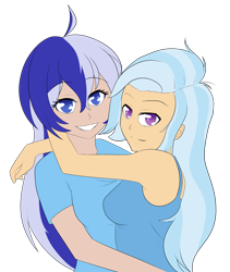 Size: 2876x3412 | Tagged: safe, artist:icicle-niceicle-1517, artist:kai-alive, color edit, edit, minuette, trixie, human, g4, alternate hairstyle, clothes, collaboration, colored, female, grin, high res, hug, human coloration, humanized, lesbian, light skin, lightly tanned skin, minixie, shipping, shirt, simple background, smiling, t-shirt, tank top, transparent background
