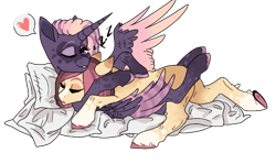 Size: 645x385 | Tagged: safe, artist:venommocity, oc, oc only, oc:cassiopeia, oc:cookie butter, alicorn, earth pony, pony, female, hug, magical lesbian spawn, mare, offspring, parent:cheese sandwich, parent:pinkie pie, parent:tempest shadow, parent:twilight sparkle, parents:cheesepie, parents:tempestlight, pillow, simple background, transparent background