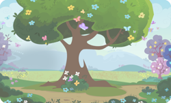 Size: 954x572 | Tagged: safe, gameloft, butterfly, g4, my little pony: magic princess, background, bush, flower, mountain, outdoors, tree
