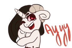Size: 1500x1000 | Tagged: safe, artist:lulaadopts, oc, oc only, demon, demon pony, original species, ayyy, bust, horn, one eye closed, open mouth, simple background, solo, transparent background, underhoof, wink