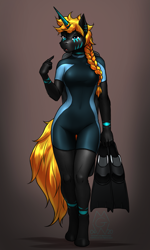 Size: 1425x2375 | Tagged: safe, artist:mykegreywolf, oc, oc only, oc:stirren, alicorn, anthro, unguligrade anthro, alicorn oc, anthro oc, braid, clothes, ear piercing, female, flippers (gear), horn, horn ring, mare, open mouth, piercing, solo, stripes, swimsuit, wetsuit, wing binder, wings