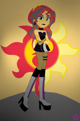 Size: 800x1200 | Tagged: safe, artist:8l4ck0u7, sunset shimmer, equestria girls, g4, bare shoulders, boots, choker, clothes, crossed arms, dress, ear piercing, earring, eyeshadow, female, fishnet clothing, goth, high heel boots, jewelry, lipstick, makeup, piercing, ring, shoes, skirt, sleeveless, socks, solo, spiked choker, stockings, strapless, sunset shimmer is not amused, thigh highs, unamused