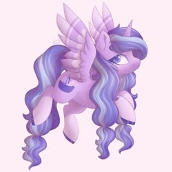 Size: 1080x1080 | Tagged: safe, artist:checker.s, oc, oc only, alicorn, pony, alicorn oc, commission, female, flying, horn, mare, pink background, simple background, smiling, solo, wings