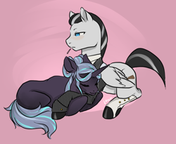 Size: 1100x900 | Tagged: safe, artist:lavvythejackalope, oc, oc only, oc:pinstripe, pegasus, pony, unicorn, abstract background, blushing, colored hooves, eyes closed, female, fishnet stockings, horn, male, mare, oc x oc, pegasus oc, prone, shipping, sleeping, stallion, straight, unicorn oc, wings