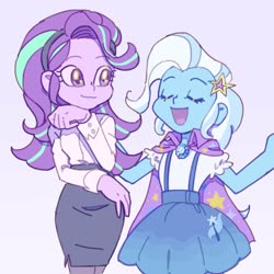 Size: 2048x2048 | Tagged: dead source, safe, artist:chapaghettii, starlight glimmer, trixie, equestria girls, g4, cape, clothes, cute, diatrixes, duo, female, glimmerbetes, gradient background, high res, skirt, skirt suit, smiling, suit