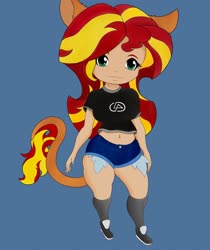 Size: 3441x4096 | Tagged: safe, artist:greed, sunset shimmer, human, equestria girls, g4, breasts, busty sunset shimmer, clothes, denim shorts, digital art, exposed pockets, female, leonine tail, pony ears, shirt, shorts, solo, t-shirt, tail, tomboy
