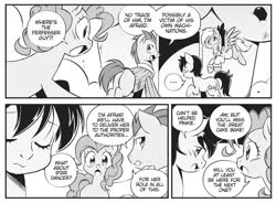 Size: 1830x1350 | Tagged: safe, seven seas, derpy hooves, doctor whooves, pinkie pie, star dancer, time turner, g4, my little pony: the manga, my little pony: the manga volume 2, cropped, monochrome