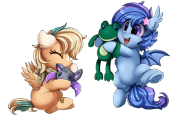Size: 3430x2524 | Tagged: safe, artist:pridark, oc, oc only, oc:astral flare, oc:sun light, bat pony, pegasus, pony, bat pony oc, bat wings, cute, female, filly, foal, high res, laughing, ocbetes, pegasus oc, playing, simple background, tongue out, toy, transparent background, wings