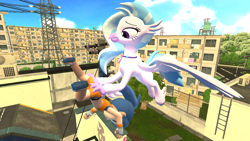 Size: 1280x720 | Tagged: safe, artist:dragonsam98, silverstream, hippogriff, human, g4, 3d, butt grab, butt touch, carrying, chibi, female, flying, grope, holding a human, laughing, pokémon, pokémon trainer, random, source filmmaker, wtf