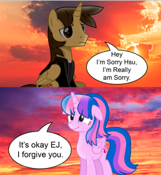 Size: 2599x2822 | Tagged: safe, artist:ejlightning007arts, oc, oc only, oc:ej, oc:hsu amity, alicorn, pony, alicorn oc, apology, becoming friends, clothes, duo, high res, horn, not twilight sparkle, sad, short comic, sorry, speech bubble, sunset, wings