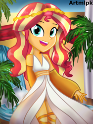 Size: 1536x2048 | Tagged: safe, artist:artmlpk, sunset shimmer, equestria girls, g4, adorable face, alternate hairstyle, beautiful, clothes, costume, crown, cute, digital art, dress, egypt, egyptian, female, goddess, greek, greek clothes, greek mythology, jewelry, looking at you, outfit, palm tree, redraw, regalia, shimmerbetes, smiling, smiling at you, socks, solo, sunset shimmer is god, thigh highs, tree, waterfall