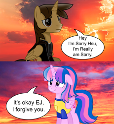 Size: 2600x2808 | Tagged: safe, alternate version, artist:ejlightning007arts, oc, oc only, oc:ej, oc:hsu amity, alicorn, pony, alicorn oc, apology, becoming friends, clothes, duo, high res, horn, sad, short comic, sorry, speech bubble, sunset, wings