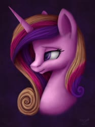 Size: 1024x1366 | Tagged: safe, artist:allforyouart, princess cadance, alicorn, pony, g4, bust, female, lidded eyes, mare, portrait, purple background, simple background, smiling, solo, speedpaint available