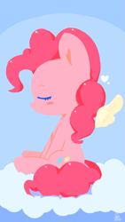 Size: 1539x2735 | Tagged: safe, artist:yunyeyoung, pinkie pie, earth pony, pony, g4, blush sticker, blushing, cloud, cute, diapinkes, eyes closed, female, floating wings, heart, mare, on a cloud, profile, sitting, solo, wings