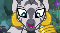 Size: 1920x1080 | Tagged: safe, screencap, zecora, pony, zebra, g4, she talks to angel, close-up, cute, ear piercing, earring, female, jewelry, leg rings, mare, piercing, solo, zecorable