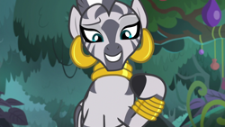 Size: 1920x1080 | Tagged: safe, screencap, zecora, pony, zebra, g4, she talks to angel, beautiful, cyan eyes, ear piercing, earring, everfree forest, female, jewelry, leg rings, lidded eyes, looking at someone, looking at you, mare, mohawk, neck rings, piercing, raised eyebrow, raised hoof, solo, talking, wisdom