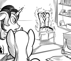 Size: 700x600 | Tagged: safe, artist:sirvalter, oc, oc only, oc:jarl blackspot, oc:redfield, pony, unicorn, fanfic:steyblridge chronicle, black and white, book, bookshelf, chair, duo, fanfic, fanfic art, floppy ears, grayscale, horn, illustration, inkwell, male, monochrome, office, open mouth, quill, research institute, stallion
