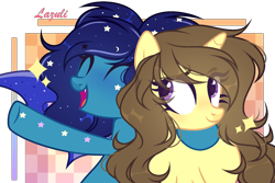Size: 1500x1000 | Tagged: safe, artist:mint-light, oc, oc only, oc:astral flare, oc:eclipsia, bat pony, pony, unicorn, bat pony oc, bat wings, best friends, blushing, commission, excited, happy, hug, simple background, smiling, stars, transparent background, wings, ych result