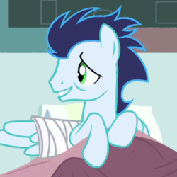 Size: 360x360 | Tagged: safe, screencap, soarin', pegasus, pony, g4, rainbow falls, animated, bandage, bed, cropped, floppy ears, gif, injured, injured wing, loop, male, perfect loop, reversed, sad, solo, stallion, wings