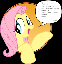 Size: 993x1024 | Tagged: safe, artist:masem, idw, fluttershy, pegasus, pony, friendship is magic #3, g4, my little pony: friendship is magic (idw), algebra, bad advice fluttershy, black background, division by zero, exploitable, exploitable meme, fallacy, fancy mathematics, female, fluttermath, idw showified, mare, math, mathematical fallacy, meme, simple background, solo, template, vector