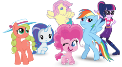 Size: 907x500 | Tagged: safe, artist:kooner-cz, edit, fluttershy, pinkie pie, rainbow dash, rarity, sci-twi, twilight sparkle, oc, oc only, oc:maplejack, earth pony, pegasus, pony, unicorn, equestria girls, g1, g4, g4.5, my little pony equestria girls: better together, my little pony: pony life, chibi, cowboys and equestrians, cute, female, g4 to g1, generation leap, hat, human female, looking up, mad (tv series), mad magazine, maplejack, mare, simple background, smiling, toy, transparent background